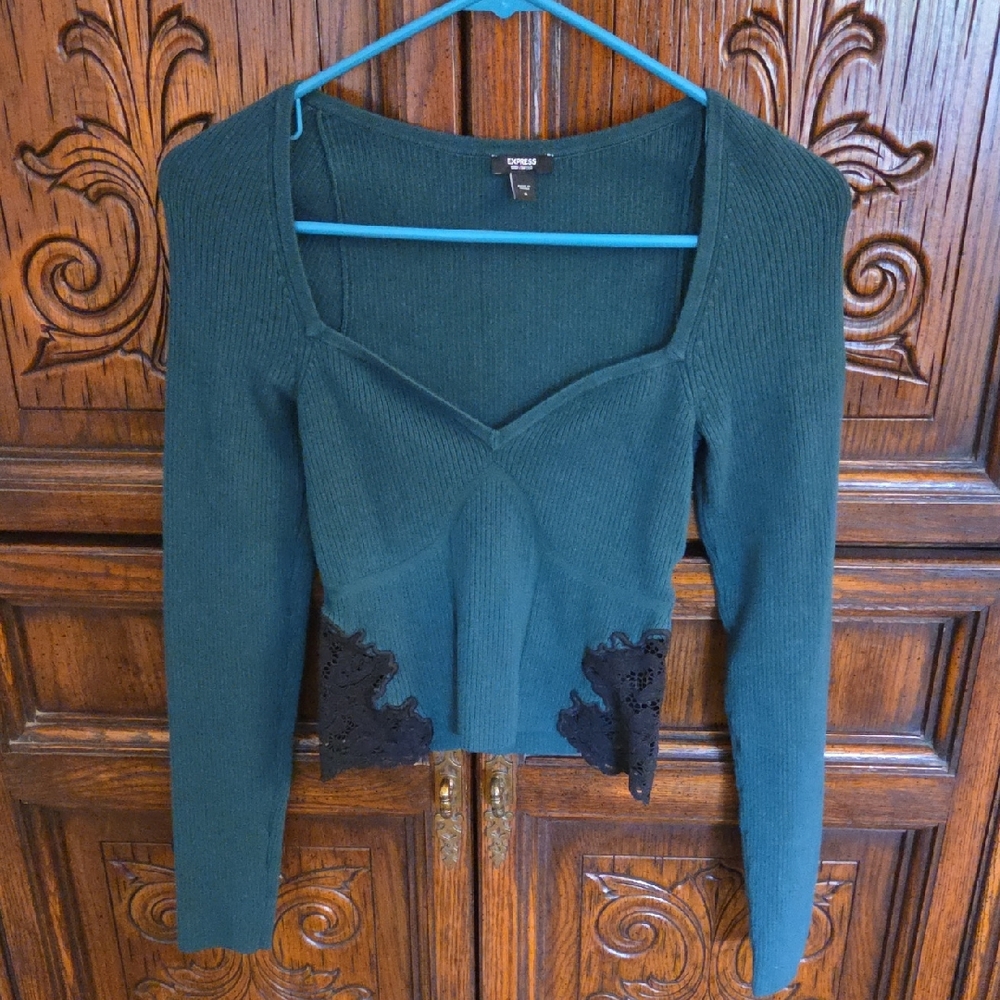 Express Teal Blouse with Black Lace Accents